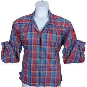 VTG Mister Remo Plaid Button Down Blouse Size 16 Red & Blue Collared Long Sleeve